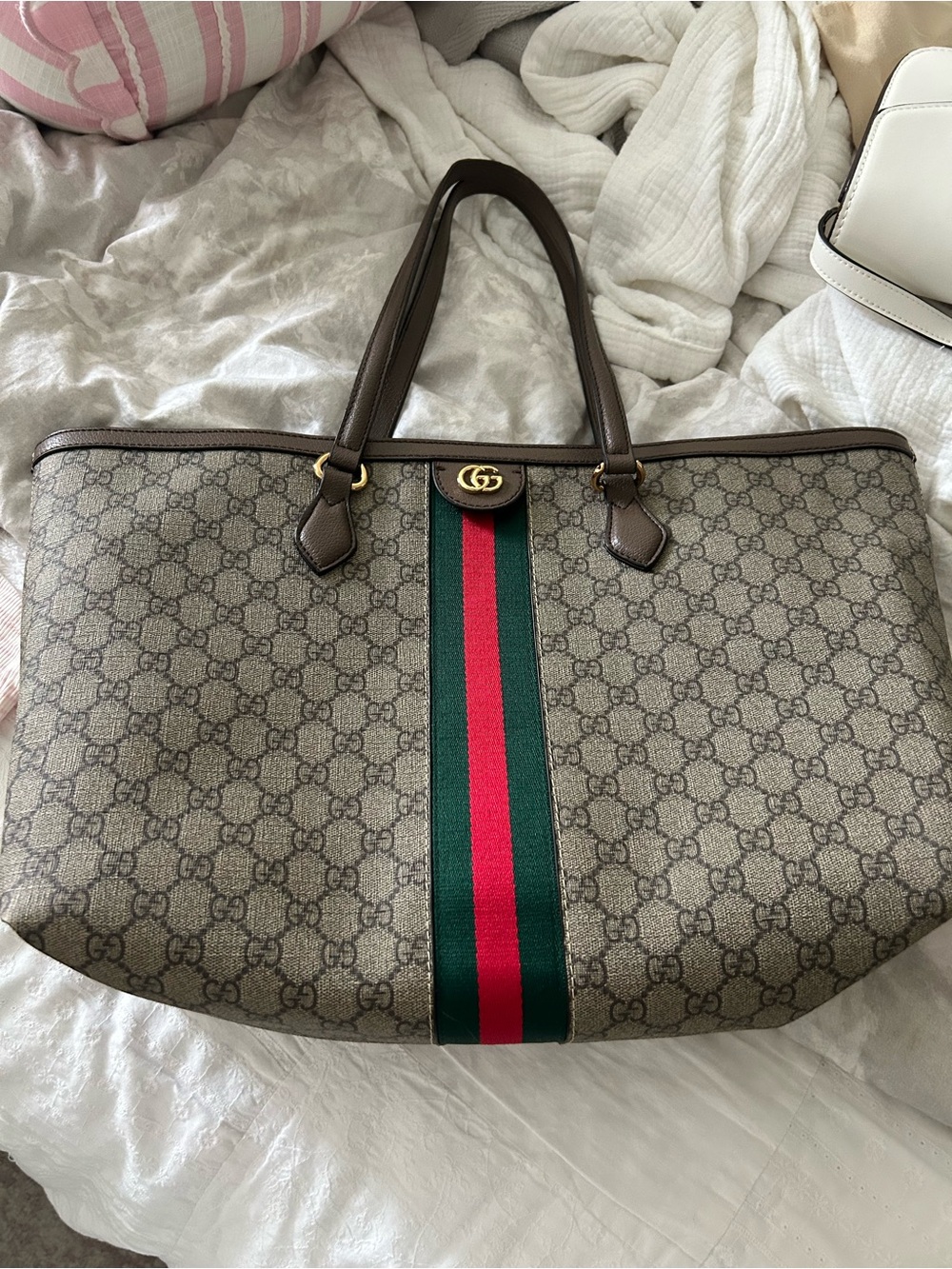 Source Unknown Brown Monogram Tote with Green and Red Web Stripe